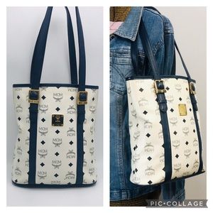 Rare Authentic MCM White & Blue Leather Tote